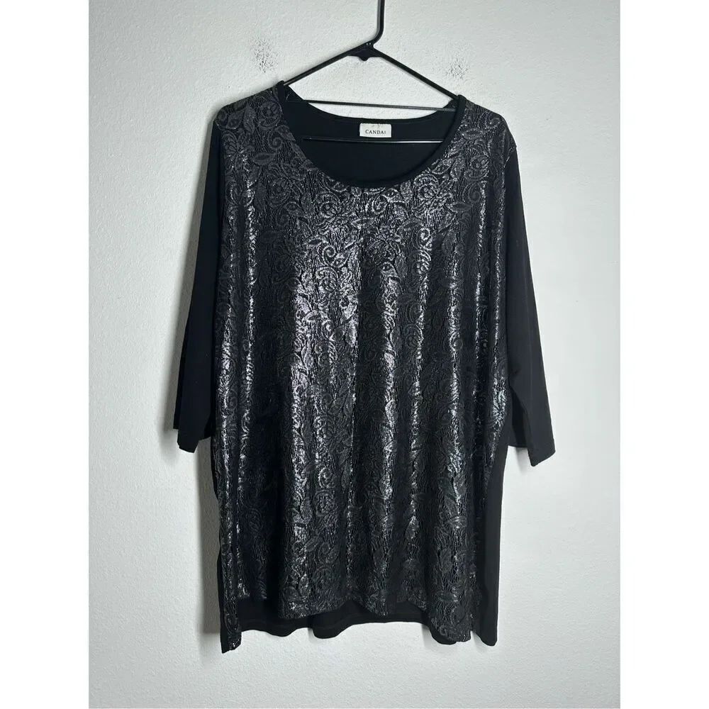 Canda Women’s Bohemian Romantic Tunic Top Silver Lace Pattern Size XL See Notes
